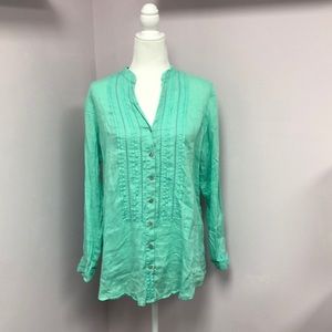 J. Jill Linen Green Button Down Top in Medium